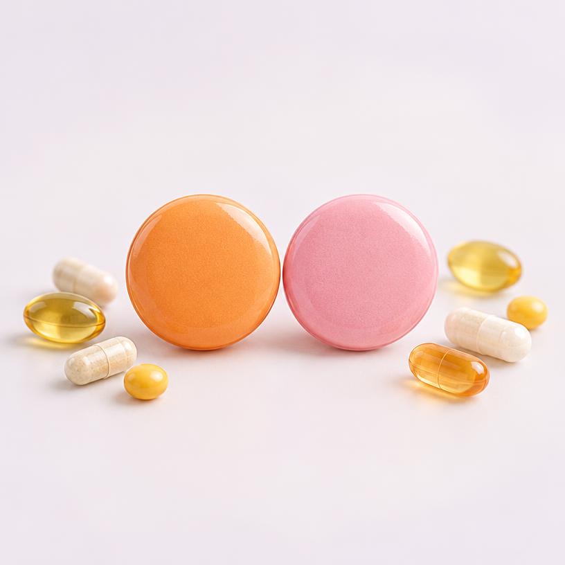 Dos comprimidos de vitaminas, naranja y rosa, con cápsulas